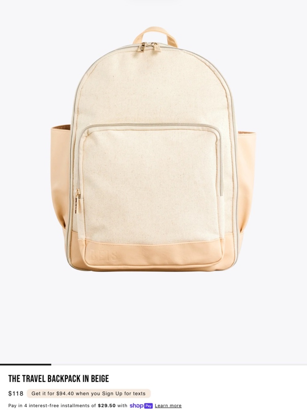 BEIS Beige Canvas Travel Backpack with Gold Zippers
